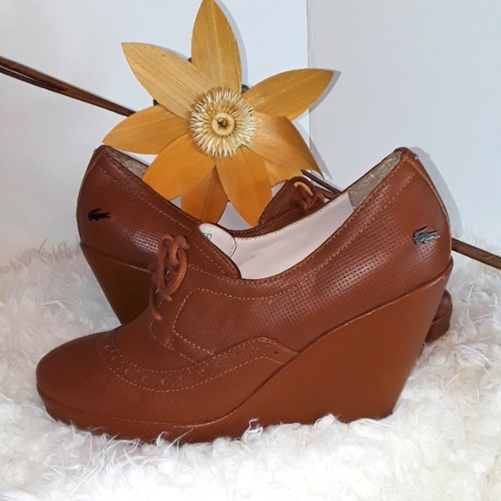 🐊Lacoste Paris Brown Leather Wedge Shoes. Women's Size: 7.5 - Picture 12 of 13